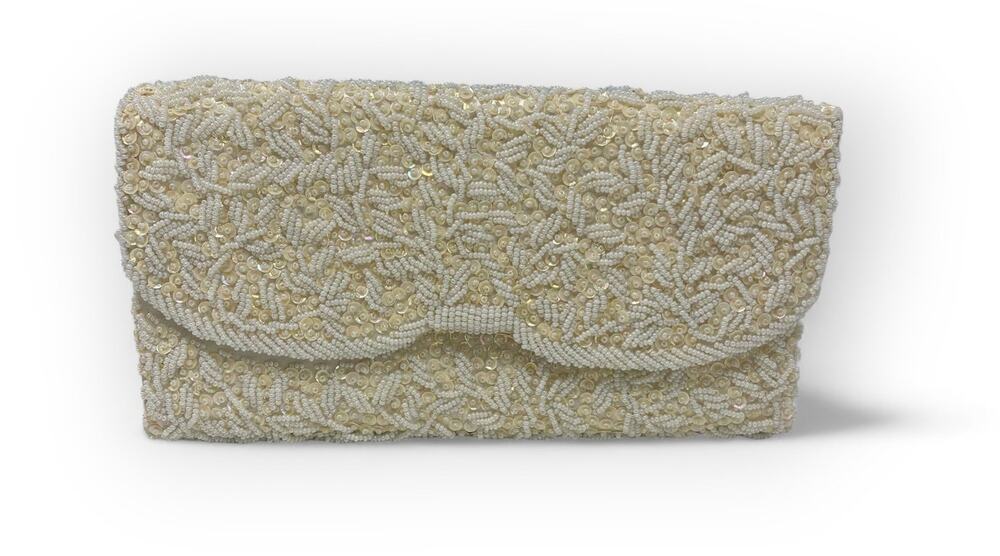 VTG Cream Ivory Beads Beaded Envelope clutch evening bag Handmade in Hong Kong